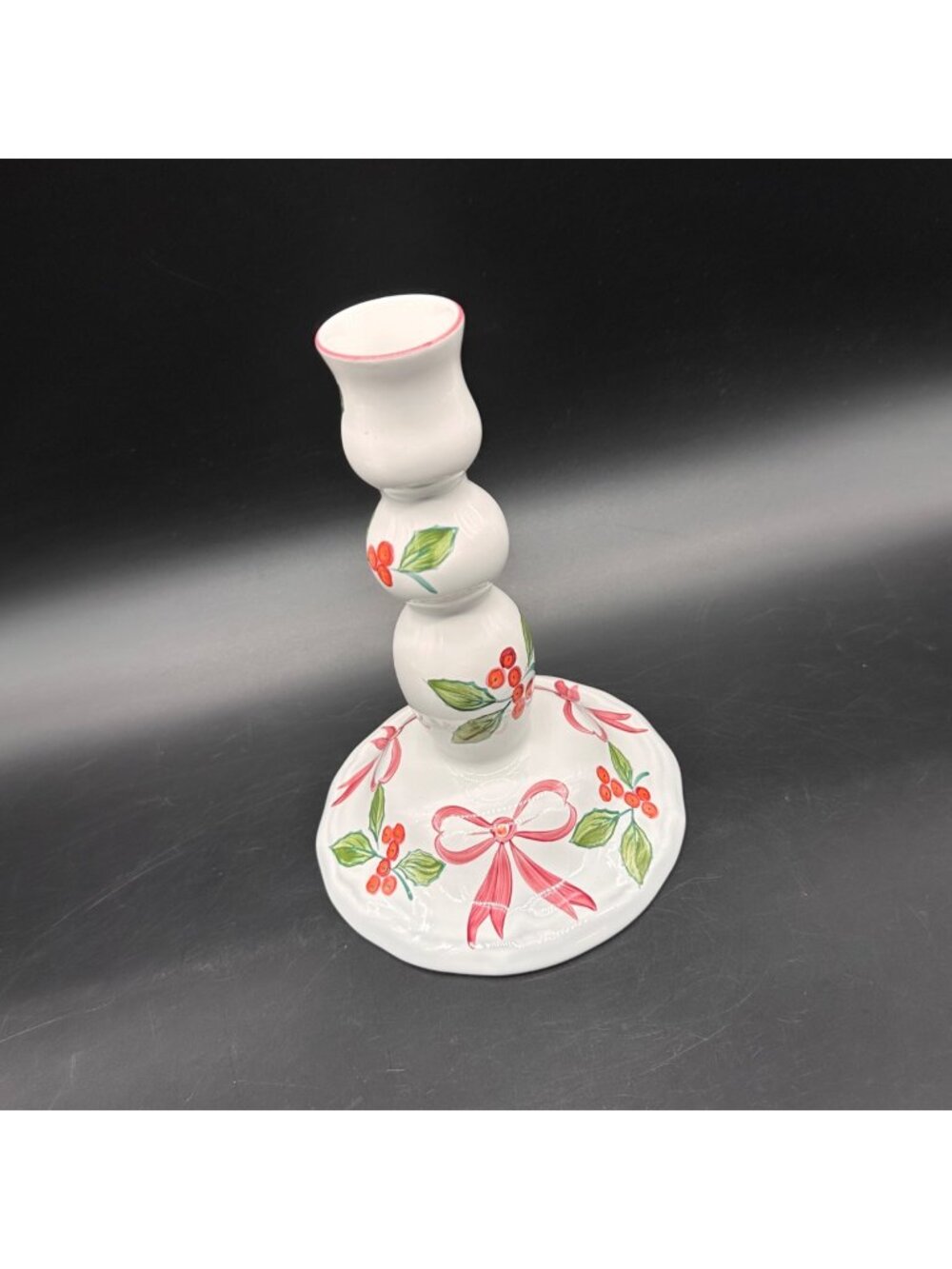 Herend Hungary Christmas Candle Holder Holly Bow Hand Painted Pottery Red Green